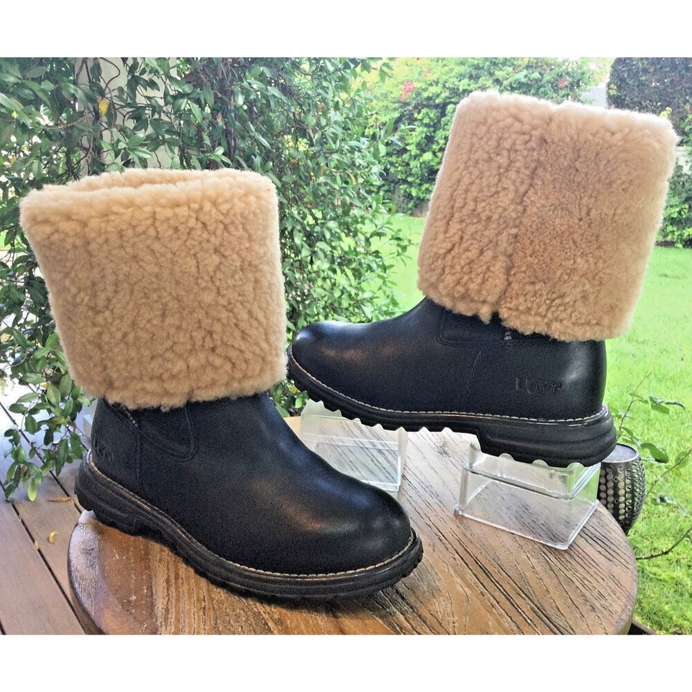 UGG Boots Womens Sz 5 Brooks Tall Black Leather Sherpa Shearling Pull On Lug 36